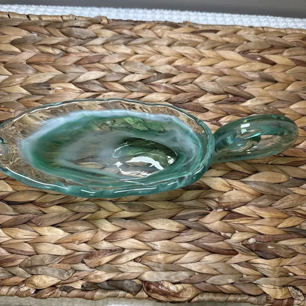 Vintage Aqua Art Glass Console Bowl Freeform Dish Vase Scroll Handle MCM 9.6”